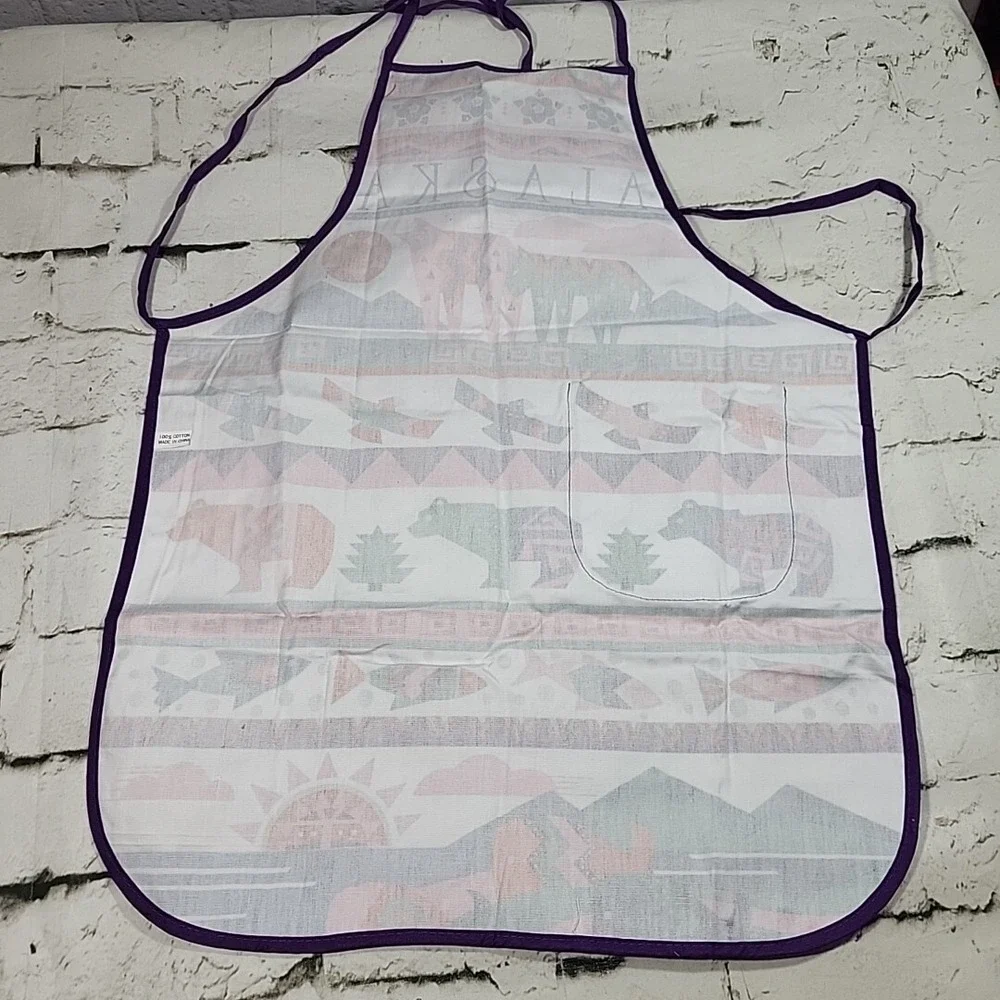 Vintage‎ ALASKA Apron Purple Inuit Arctic Print Bears Eagles 80s NOS